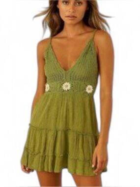 Hint of Blush Green Crochet Flower Mini Dress
